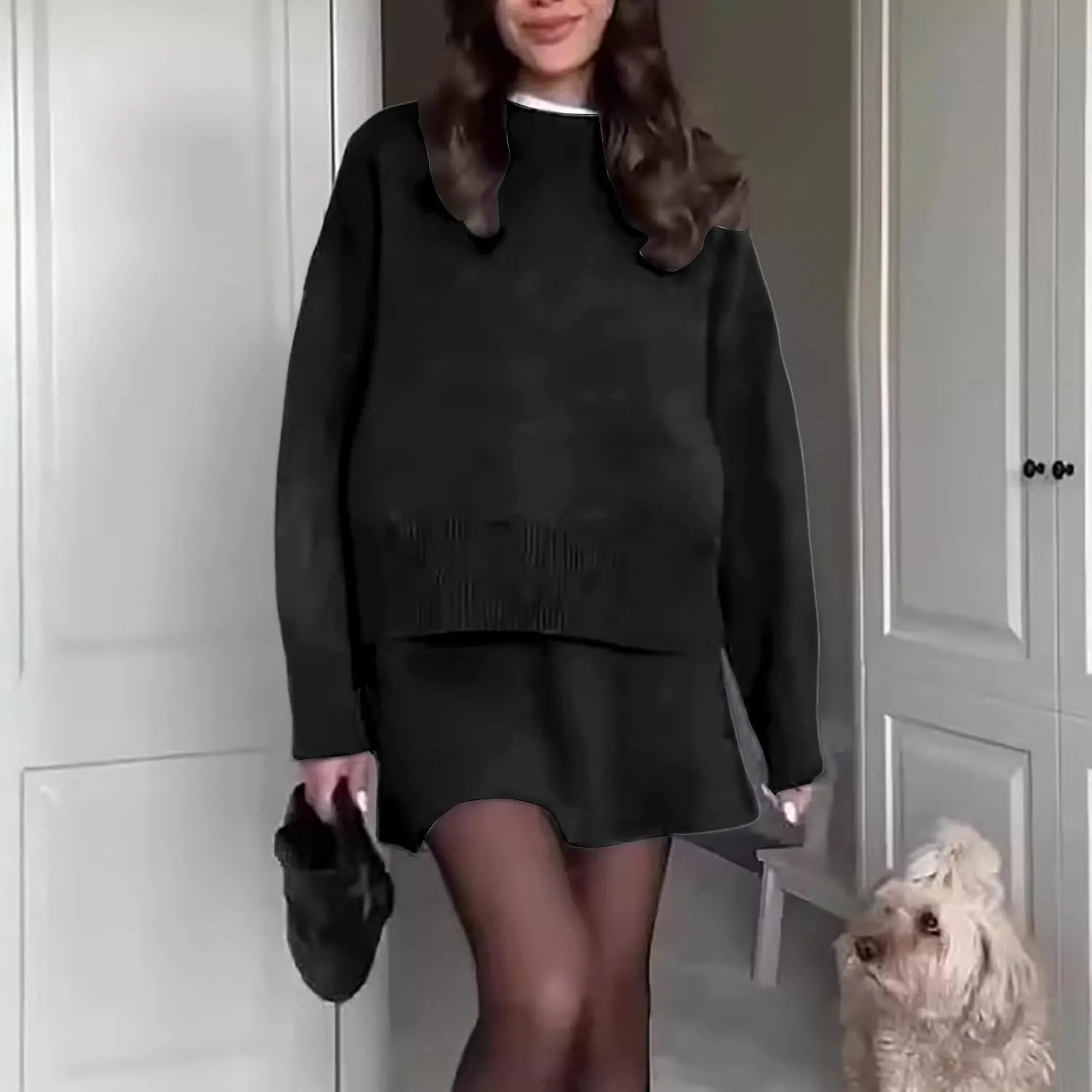 2 Piece Sweater Skirt Set for women Long Sleeve Mock Neck Ribbed Knit Top Pleated Skirts Matching Lounge Sets
