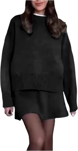 2 Piece Sweater Skirt Set for women Long Sleeve Mock Neck Ribbed Knit Top Pleated Skirts Matching Lounge Sets