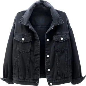 ACE SHOCK Cropped Denim Jacket for Women Long Sleeve Short Jean Jacket Button Down Light Wash Solid Color Trucker Coat