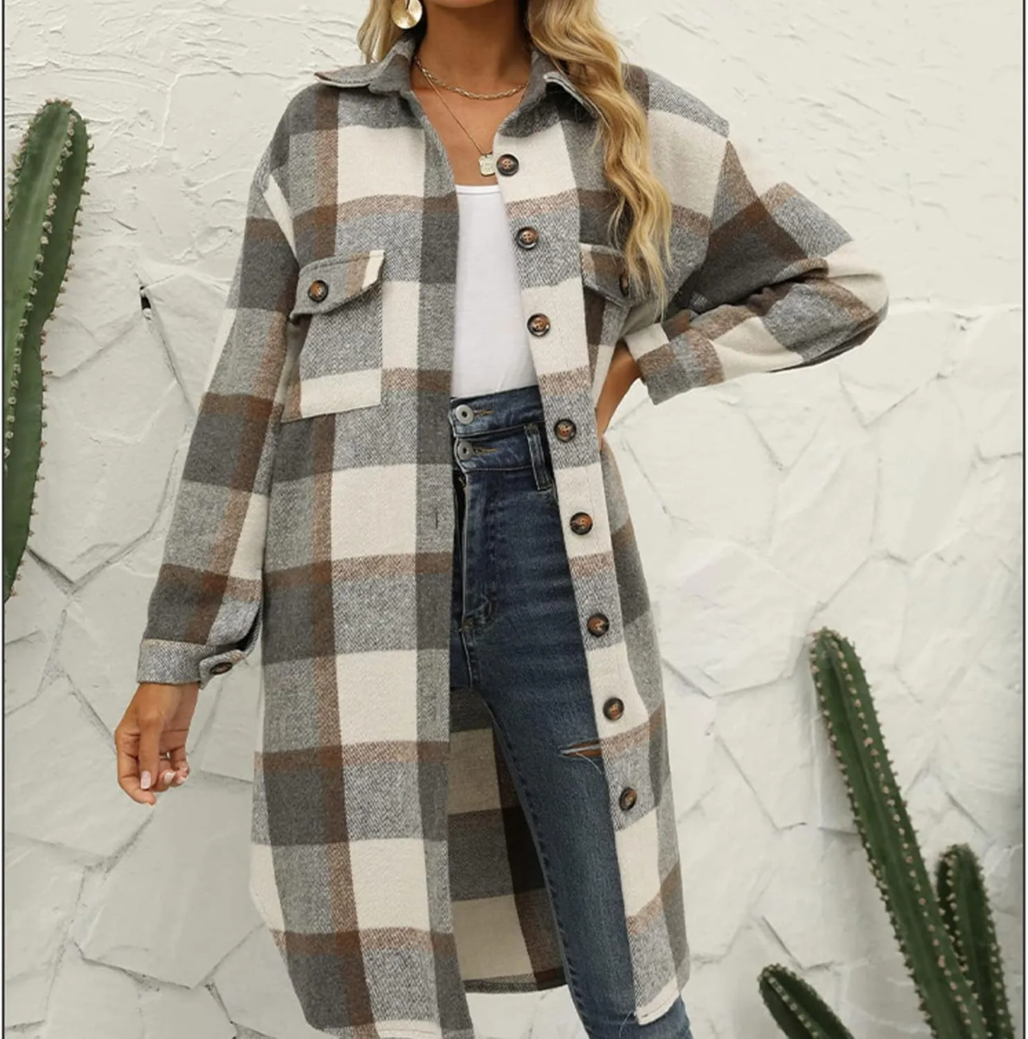 Ainangua Women's Casual Wool Blend Long Plaid Shirt Jacket Button Down Pocketed Shirt Shacket