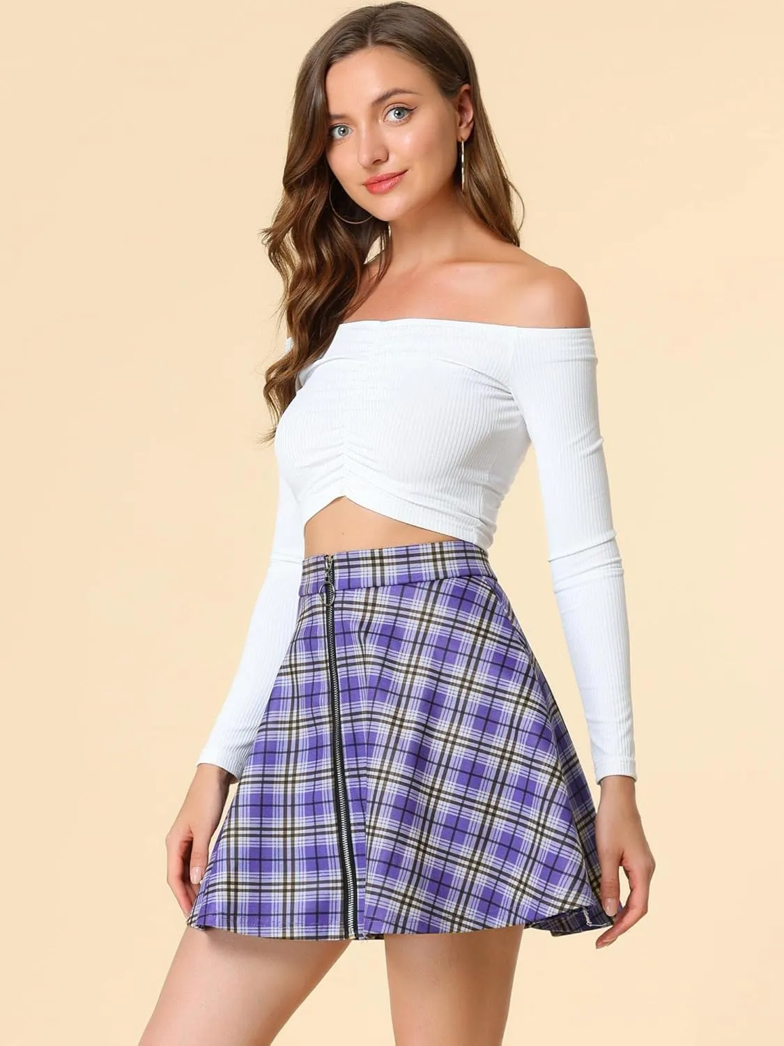 Allegra K Women's Christmas Plaid High Waist Casual A-Line Flare Zip-Up Preppy Checks Flare Mini Skirts