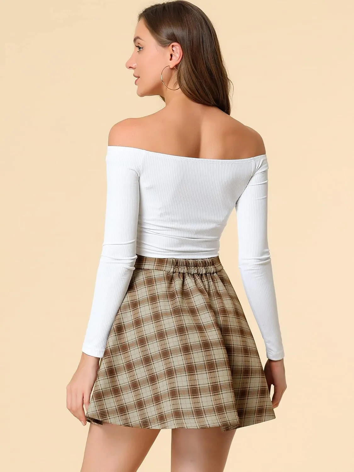Allegra K Women's Christmas Plaid High Waist Casual A-Line Flare Zip-Up Preppy Checks Flare Mini Skirts