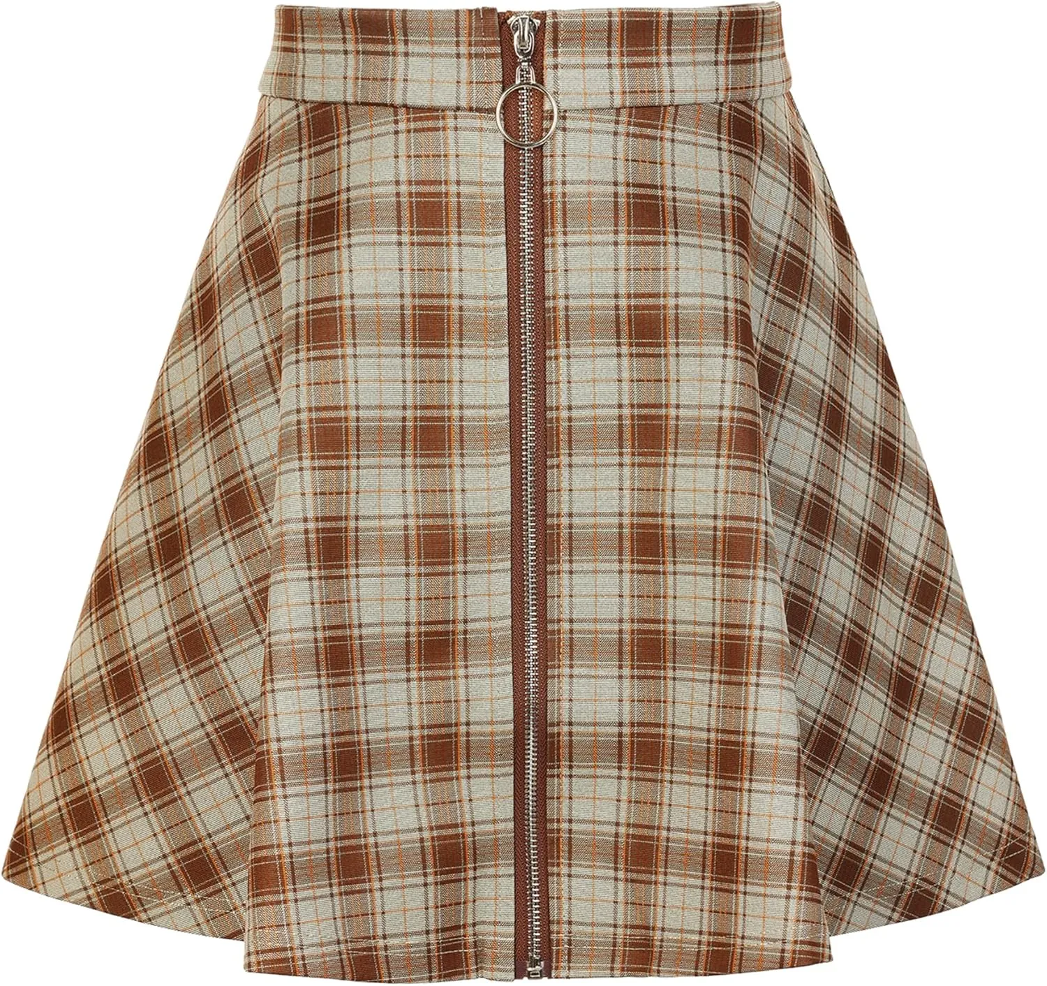 Allegra K Women's Christmas Plaid High Waist Casual A-Line Flare Zip-Up Preppy Checks Flare Mini Skirts