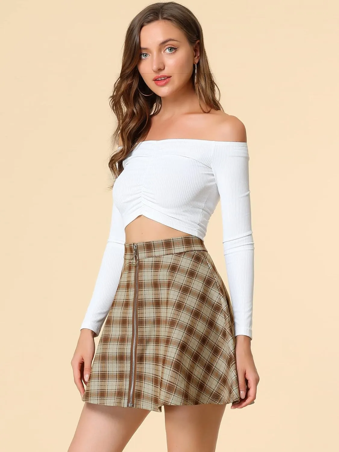 Allegra K Women's Christmas Plaid High Waist Casual A-Line Flare Zip-Up Preppy Checks Flare Mini Skirts