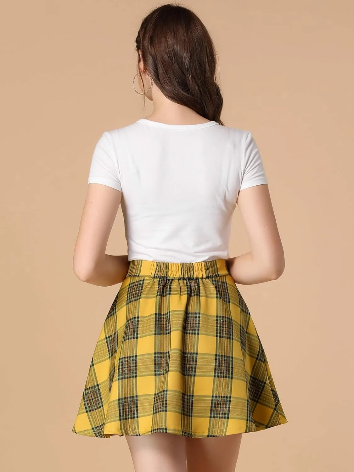 Allegra K Women's Christmas Plaid High Waist Casual A-Line Flare Zip-Up Preppy Checks Flare Mini Skirts