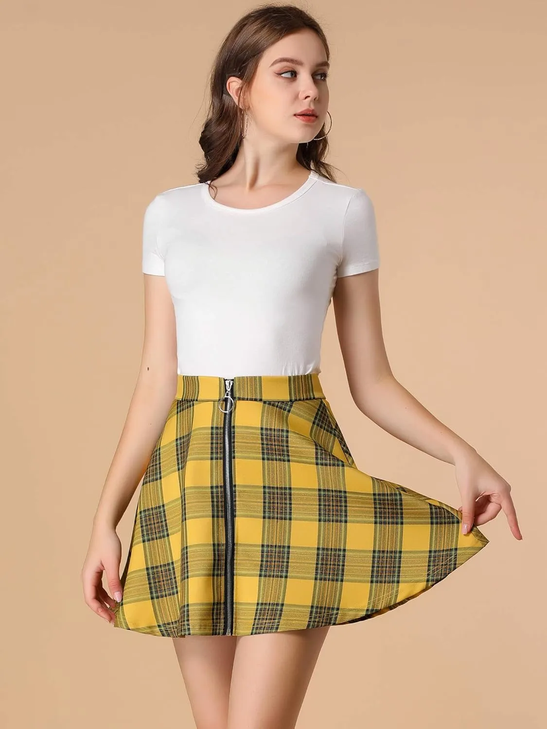 Allegra K Women's Christmas Plaid High Waist Casual A-Line Flare Zip-Up Preppy Checks Flare Mini Skirts