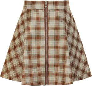 Allegra K Women's Christmas Plaid High Waist Casual A-Line Flare Zip-Up Preppy Checks Flare Mini Skirts