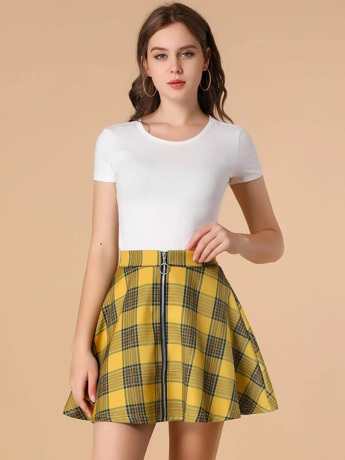 Allegra K Women's Christmas Plaid High Waist Casual A-Line Flare Zip-Up Preppy Checks Flare Mini Skirts