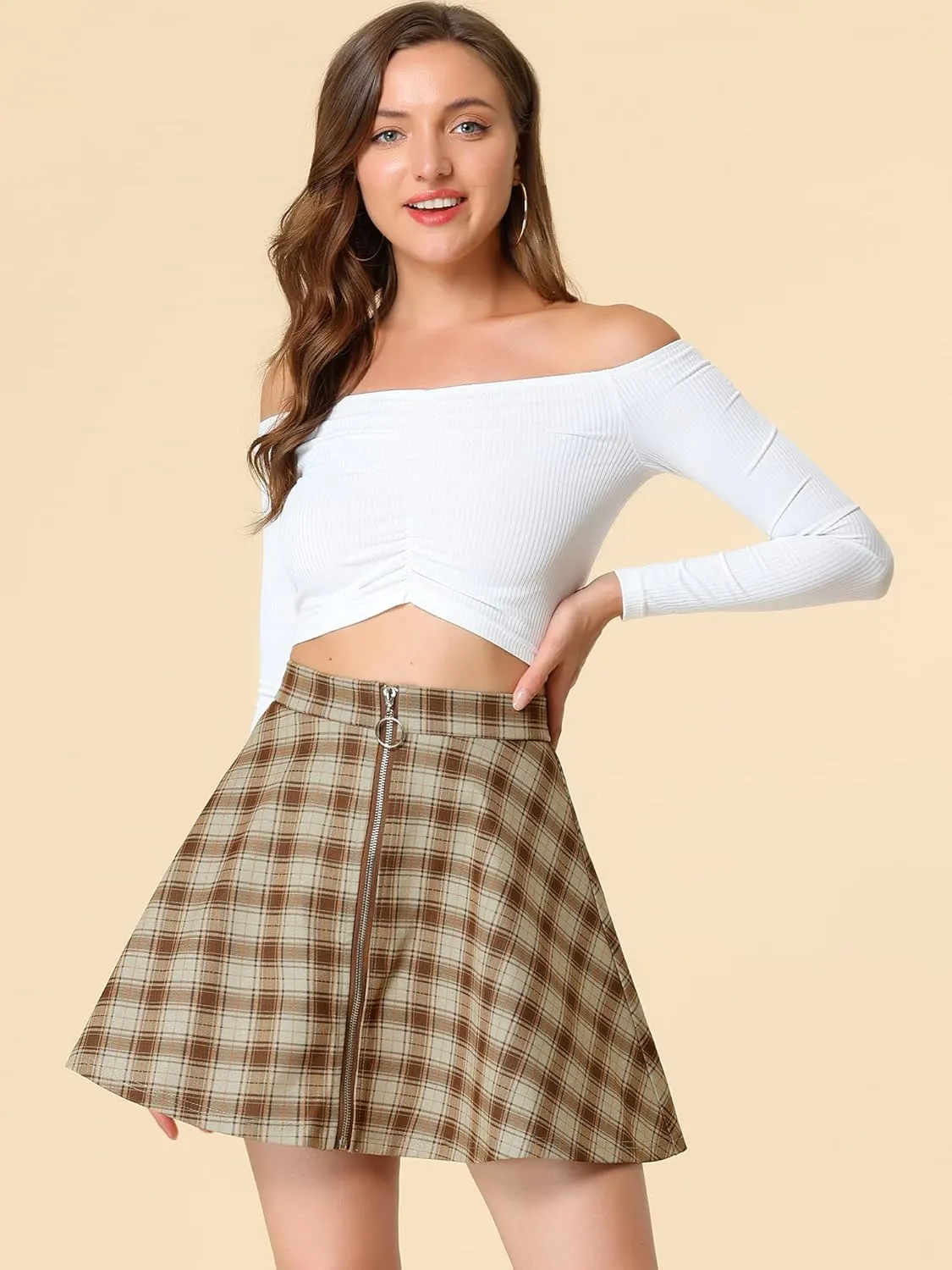 Allegra K Women's Christmas Plaid High Waist Casual A-Line Flare Zip-Up Preppy Checks Flare Mini Skirts