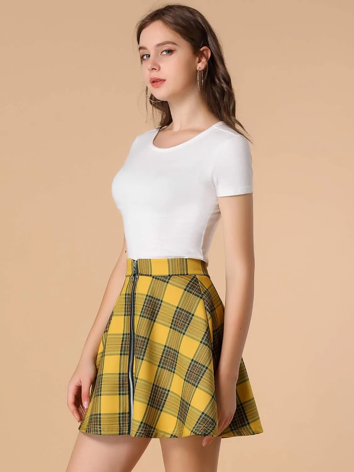 Allegra K Women's Christmas Plaid High Waist Casual A-Line Flare Zip-Up Preppy Checks Flare Mini Skirts
