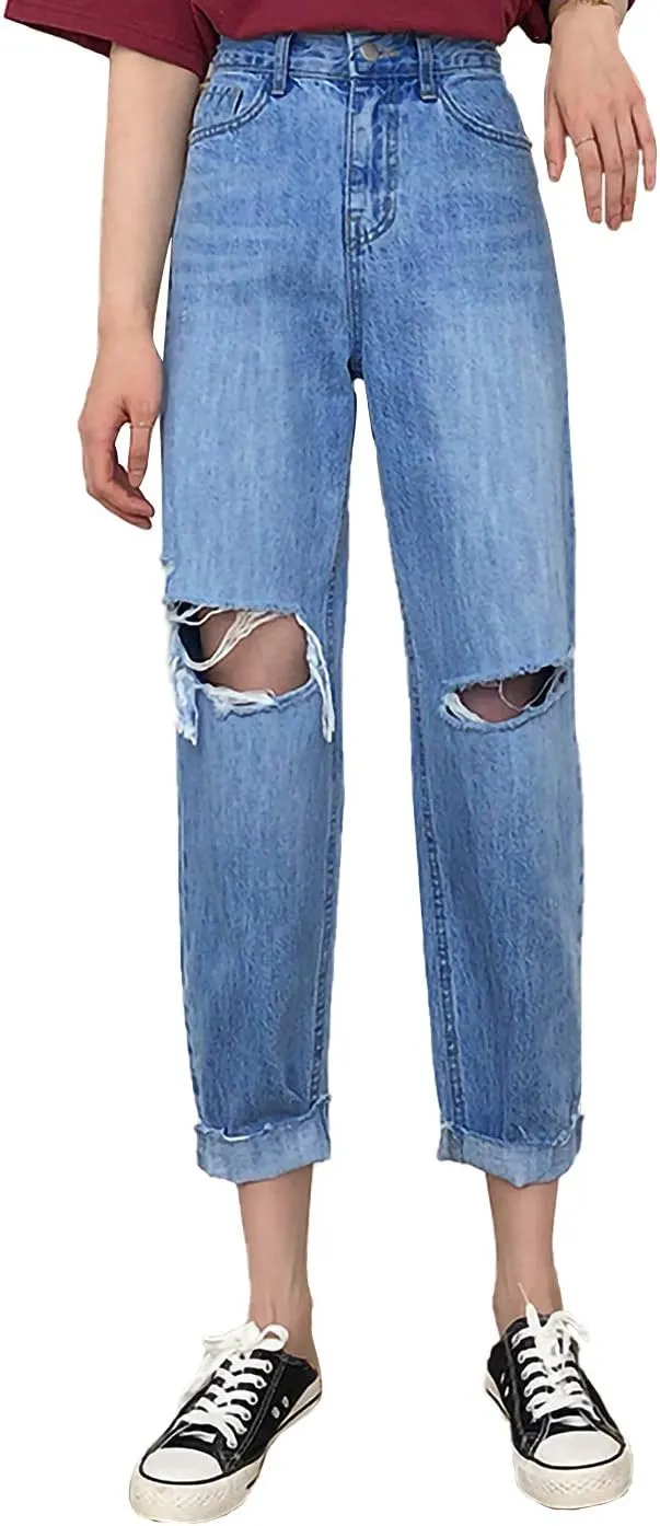 Anna-Kaci Women's Baggy Loose Ripped Jeans High Waist Boyfriend Distressed Loose Denim Pants