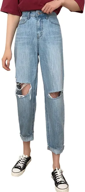 Anna-Kaci Women's Baggy Loose Ripped Jeans High Waist Boyfriend Distressed Loose Denim Pants