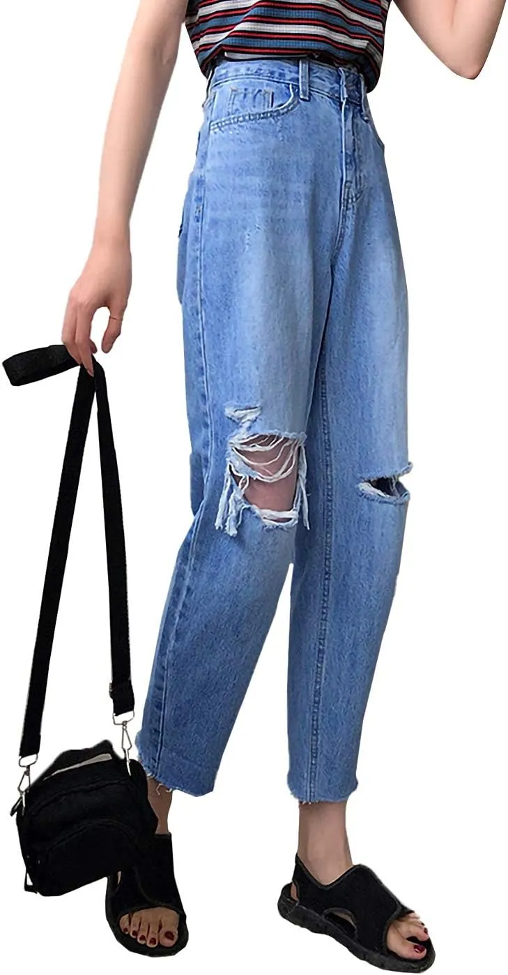 Anna-Kaci Women's Baggy Loose Ripped Jeans High Waist Boyfriend Distressed Loose Denim Pants