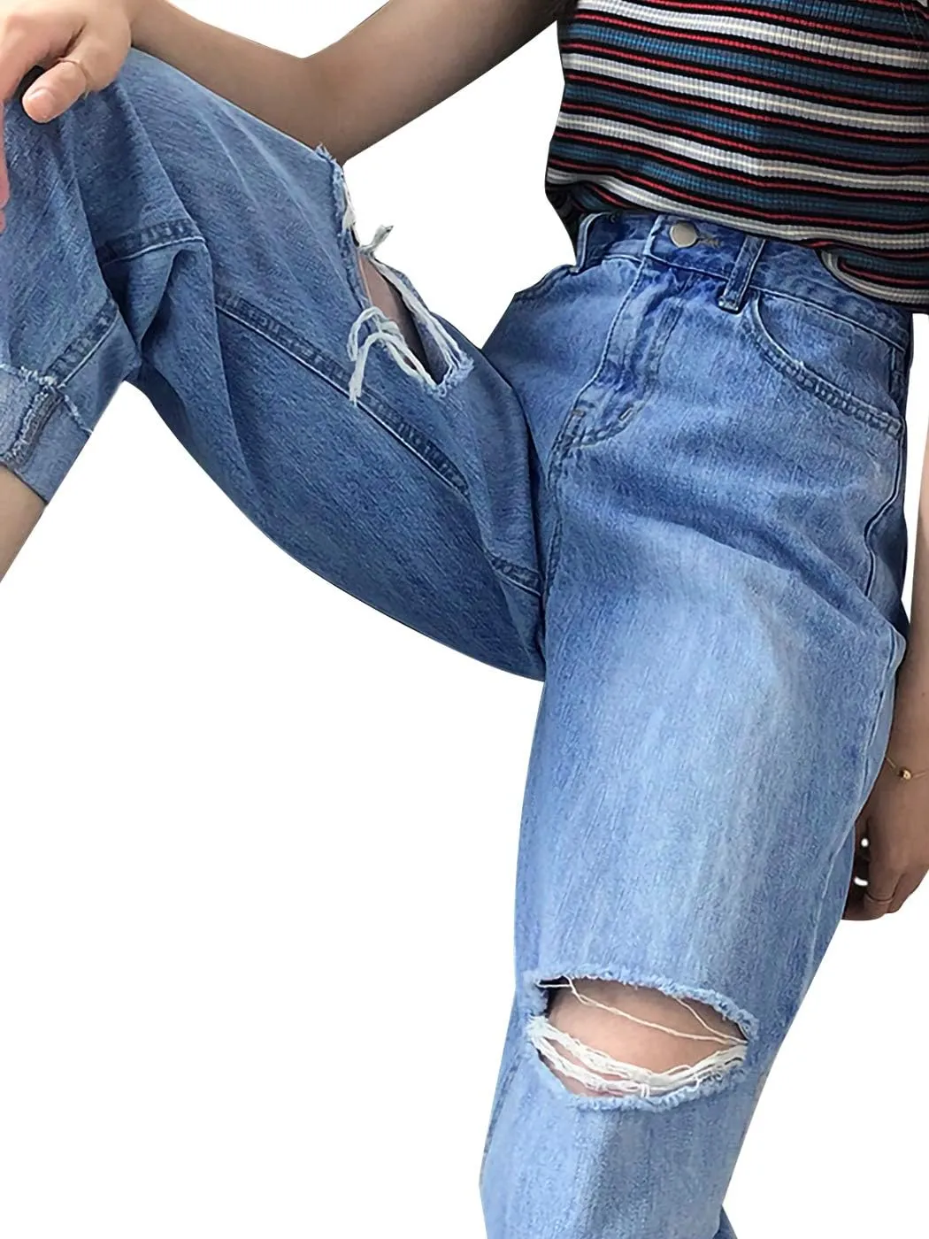 Anna-Kaci Women's Baggy Loose Ripped Jeans High Waist Boyfriend Distressed Loose Denim Pants