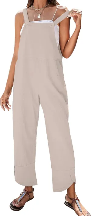 APAFES Women Summer Sleeveless Cotton Linen Bib Overalls Tulip Baggy Capri Jumpsuits with Pockets