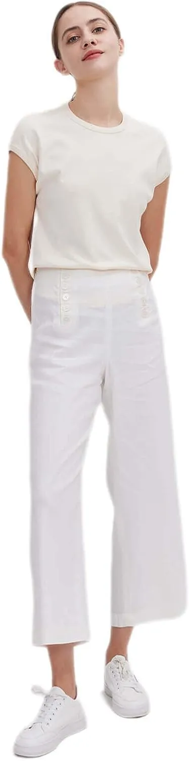 ASSUAL Women's Linen Blend Mid-High Waist Vintage Button Sailor Pants 079