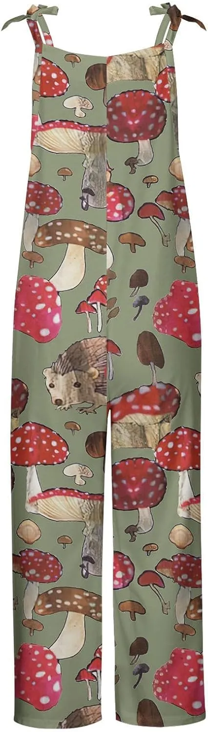 Basysin Jumpsuits for Women Plus Size Spaghetti Strap Casual Loose Overalls Cute Mushroom Hedgehogs Printed Wide Leg Rompers