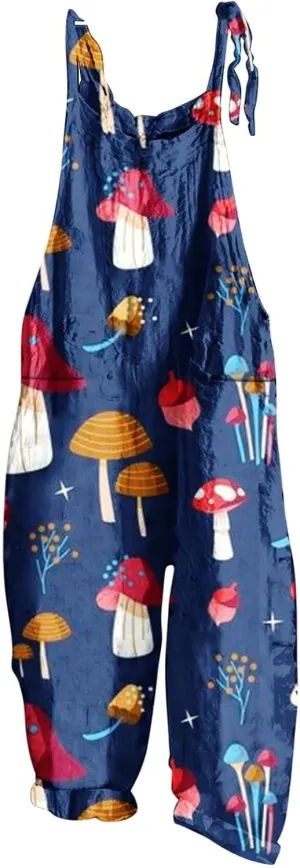 Basysin Jumpsuits for Women Plus Size Spaghetti Strap Casual Loose Overalls Cute Mushroom Hedgehogs Printed Wide Leg Rompers