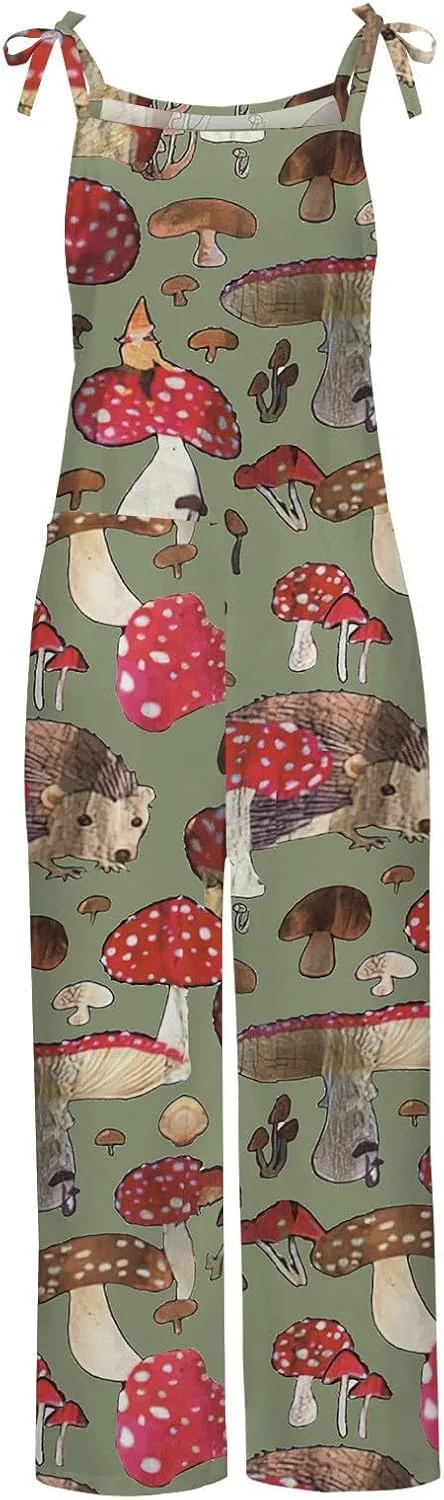 Basysin Jumpsuits for Women Plus Size Spaghetti Strap Casual Loose Overalls Cute Mushroom Hedgehogs Printed Wide Leg Rompers