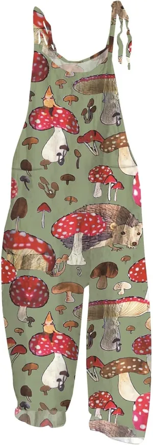 Basysin Jumpsuits for Women Plus Size Spaghetti Strap Casual Loose Overalls Cute Mushroom Hedgehogs Printed Wide Leg Rompers