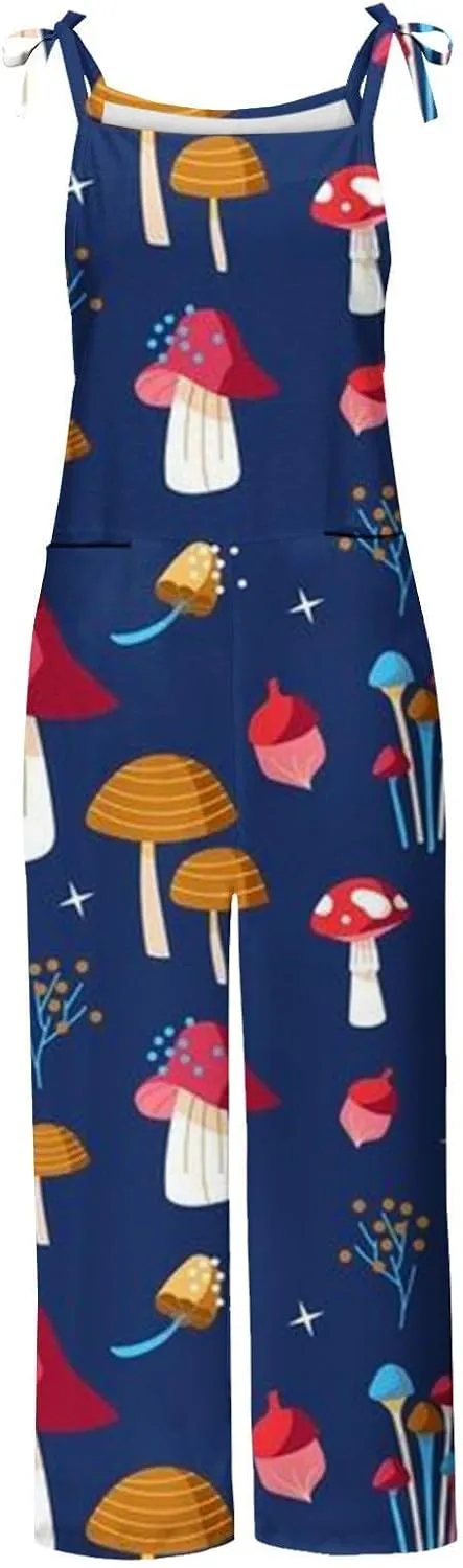 Basysin Jumpsuits for Women Plus Size Spaghetti Strap Casual Loose Overalls Cute Mushroom Hedgehogs Printed Wide Leg Rompers