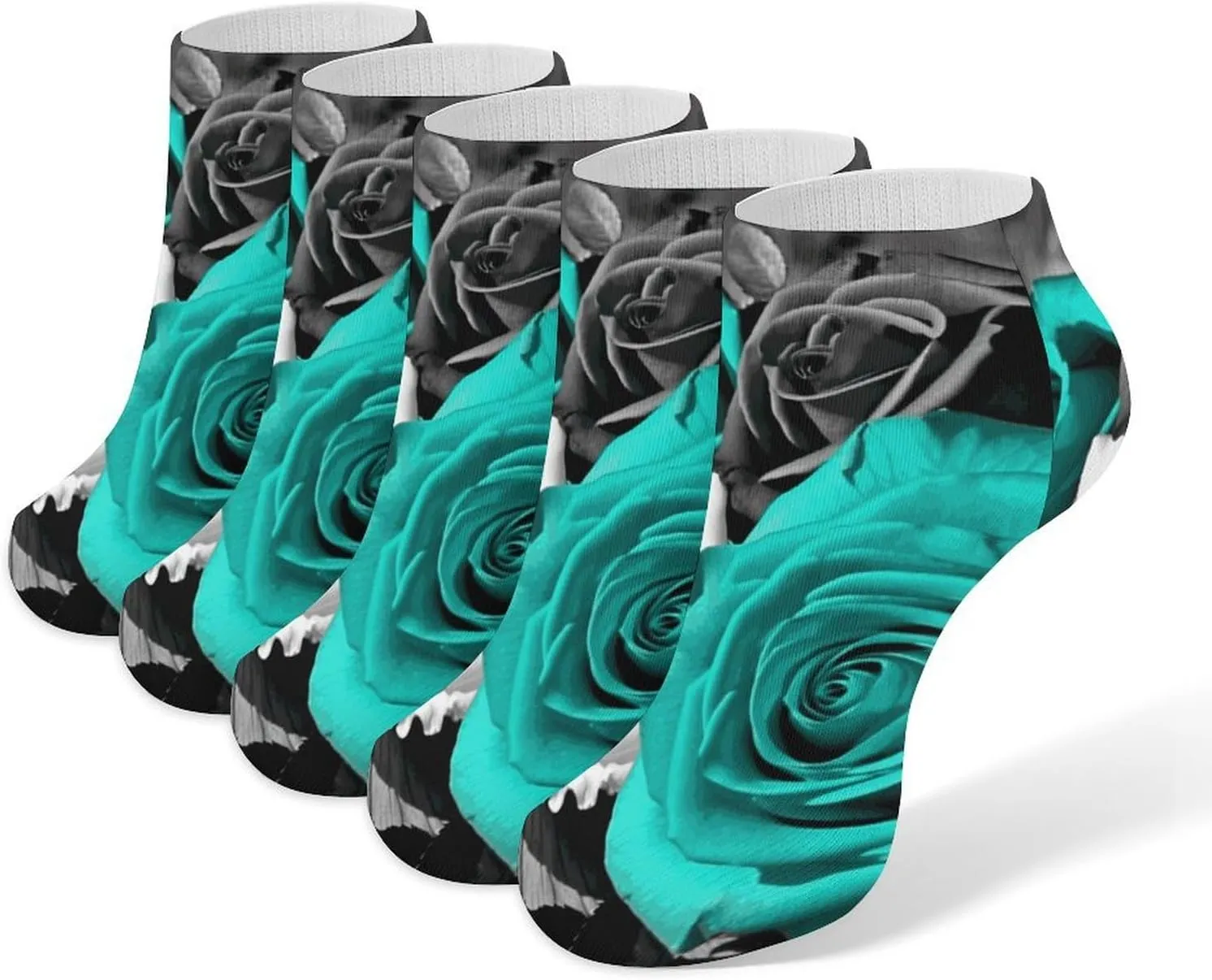 Black White Teal Gray Rose Flowers Socks No Show Socks Low Cut Anti-Slid Athletic Casual Invisible Liner Socks Unisex