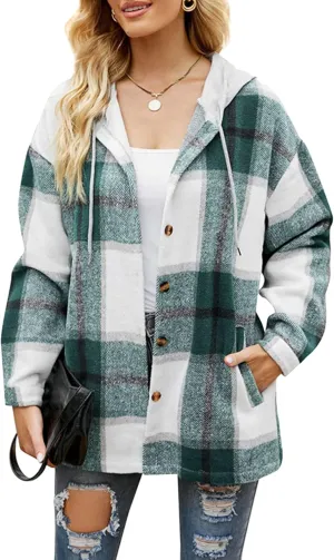BOFETA Womens Casual Plaid Flannel Hooded Shirt Jacket Button Down Shacket Cozy Coat With Pockets