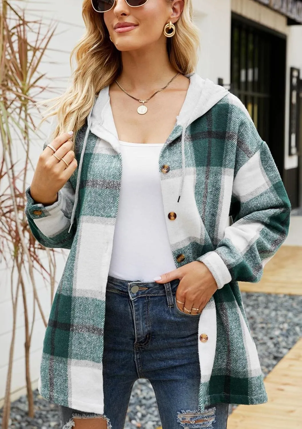 BOFETA Womens Casual Plaid Flannel Hooded Shirt Jacket Button Down Shacket Cozy Coat With Pockets