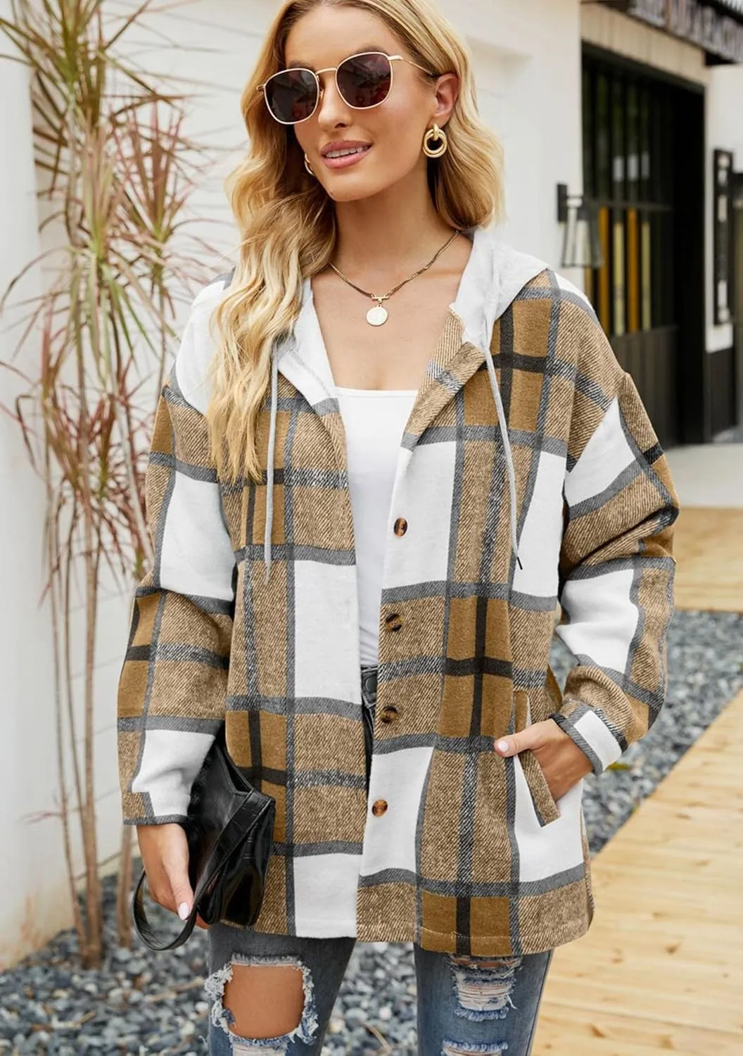 BOFETA Womens Casual Plaid Flannel Hooded Shirt Jacket Button Down Shacket Cozy Coat With Pockets