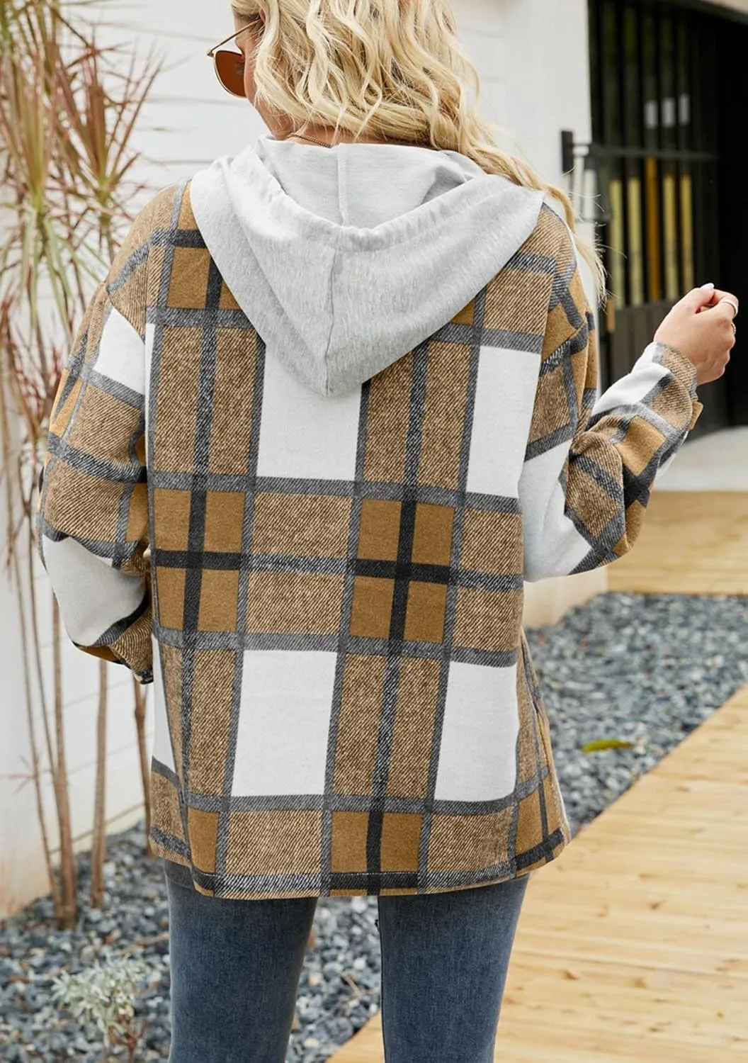 BOFETA Womens Casual Plaid Flannel Hooded Shirt Jacket Button Down Shacket Cozy Coat With Pockets