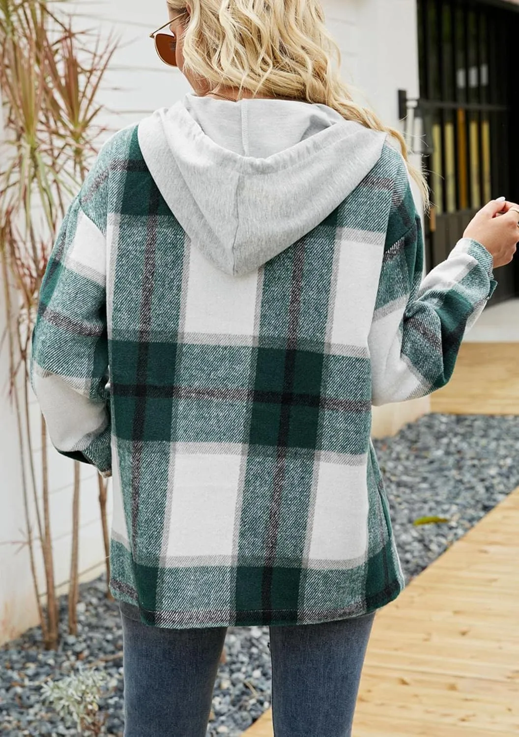 BOFETA Womens Casual Plaid Flannel Hooded Shirt Jacket Button Down Shacket Cozy Coat With Pockets