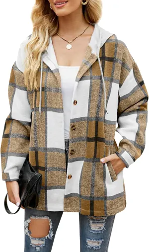 BOFETA Womens Casual Plaid Flannel Hooded Shirt Jacket Button Down Shacket Cozy Coat With Pockets