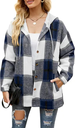 BOFETA Womens Casual Plaid Flannel Hooded Shirt Jacket Button Down Shacket Cozy Coat With Pockets