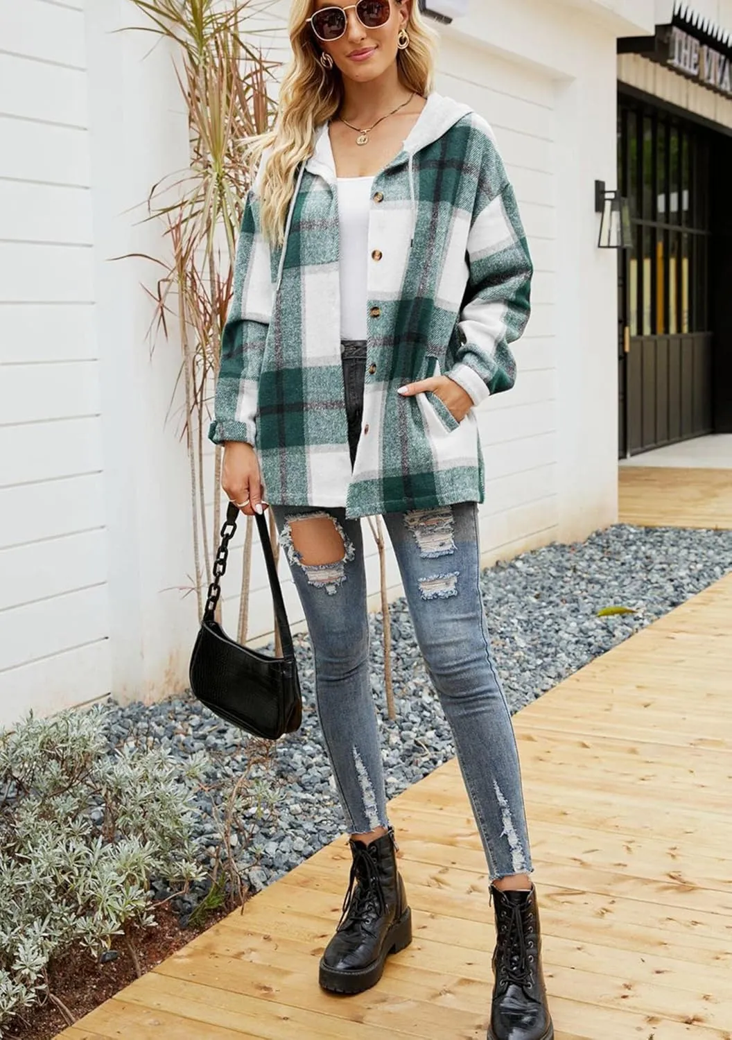 BOFETA Womens Casual Plaid Flannel Hooded Shirt Jacket Button Down Shacket Cozy Coat With Pockets