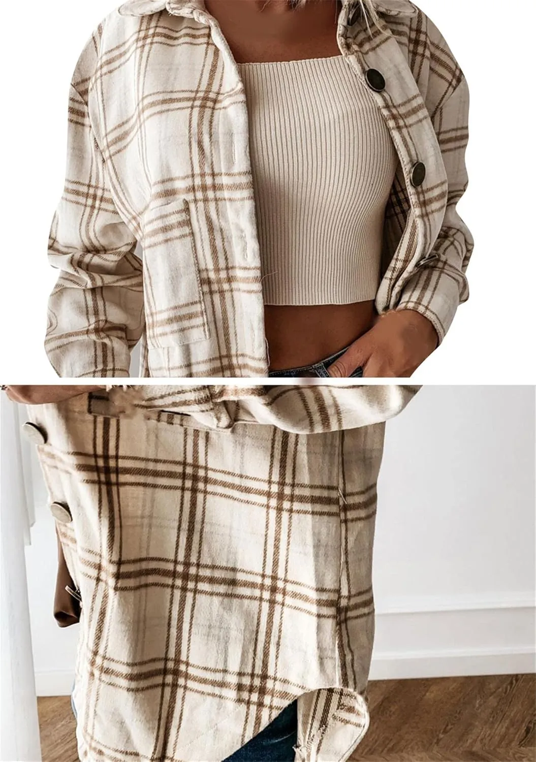 BOFETA Womens Flannel Plaid Button Down Shirt Long Sleeve Lapel Shacket Casual Loose Blouse Jacket Coat