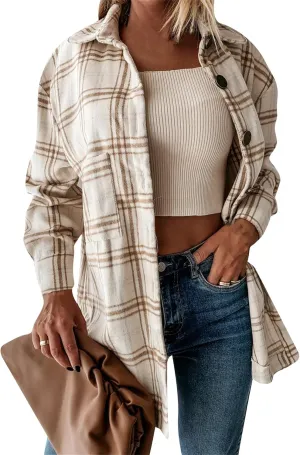 BOFETA Womens Flannel Plaid Button Down Shirt Long Sleeve Lapel Shacket Casual Loose Blouse Jacket Coat