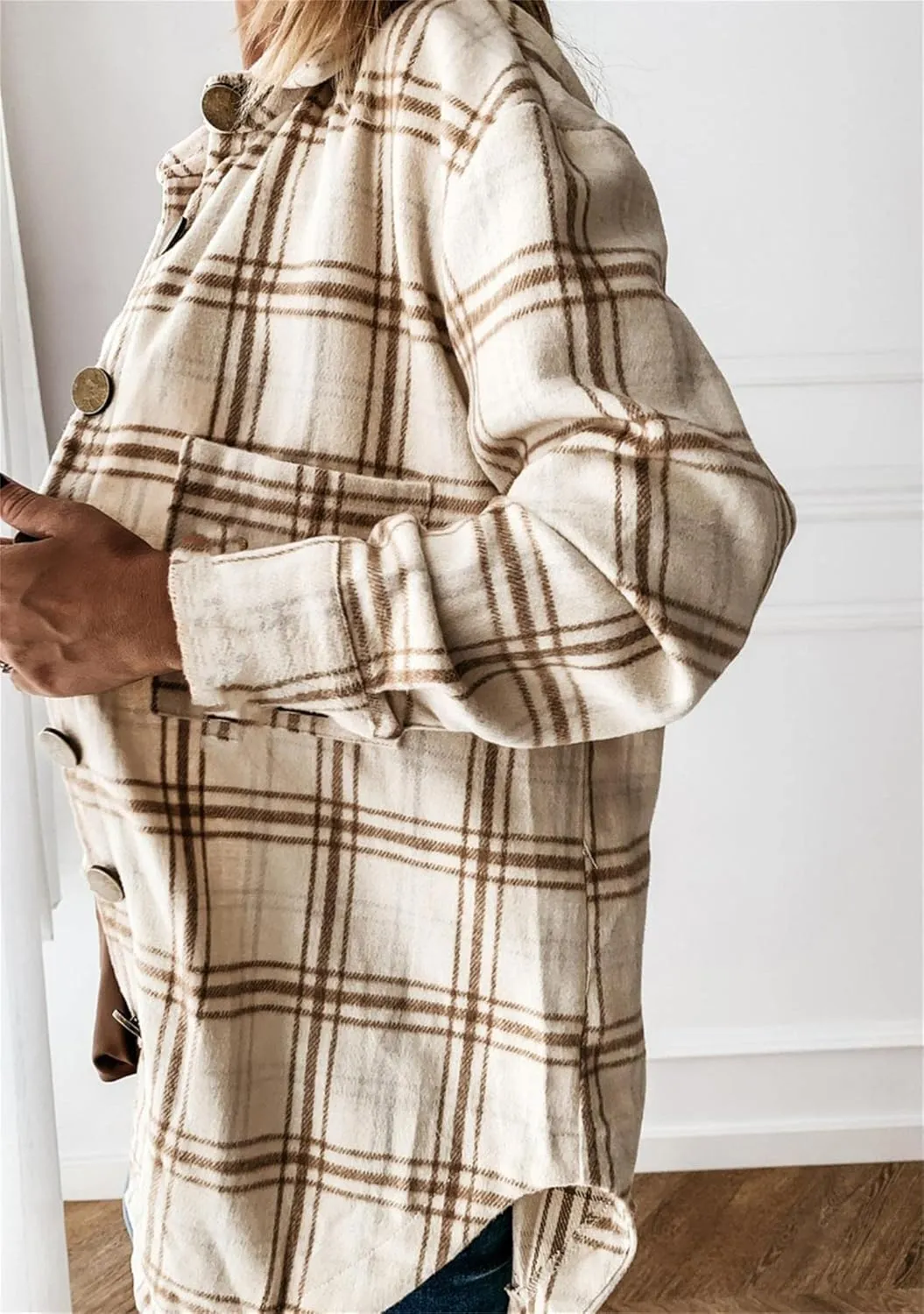 BOFETA Womens Flannel Plaid Button Down Shirt Long Sleeve Lapel Shacket Casual Loose Blouse Jacket Coat