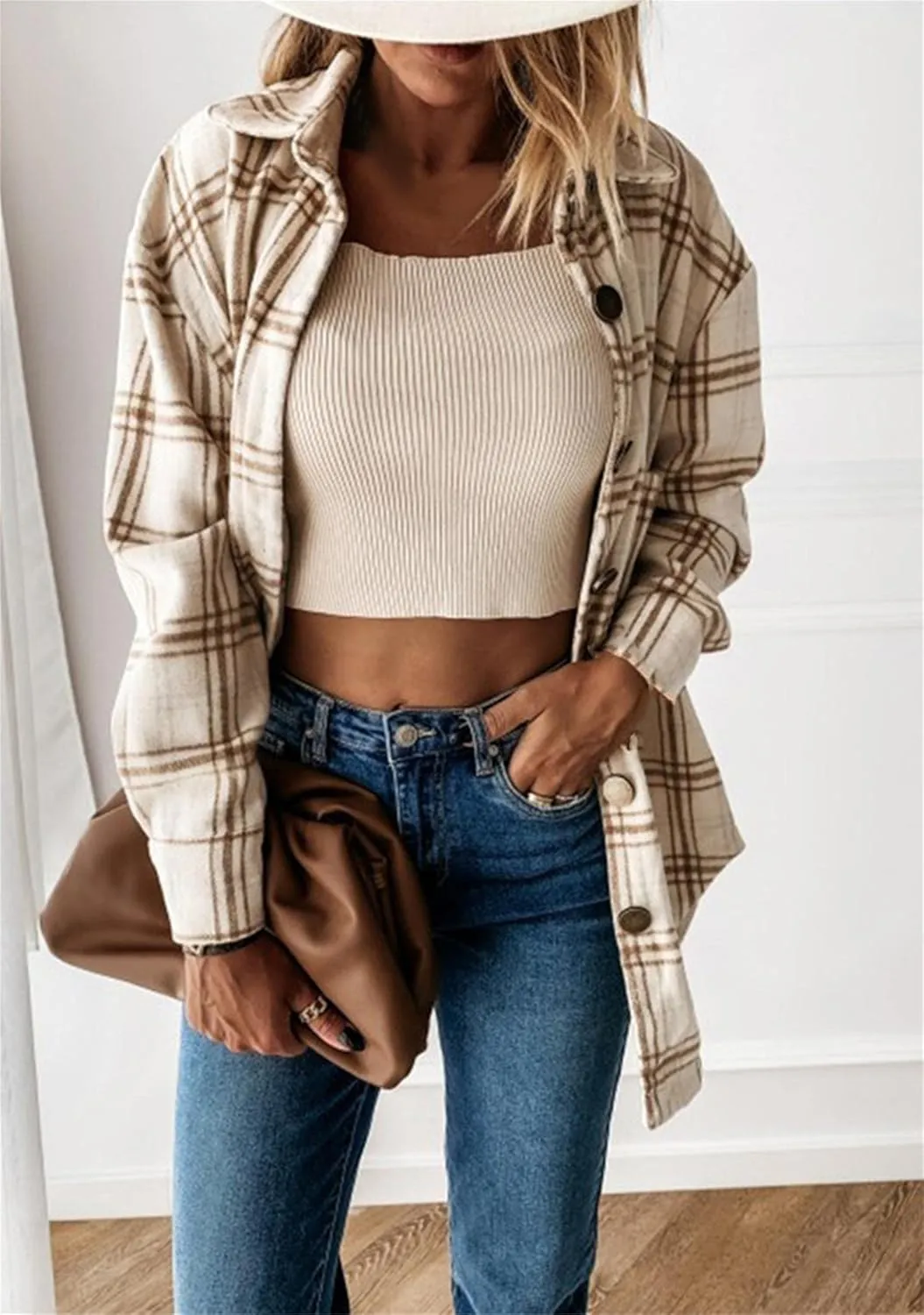 BOFETA Womens Flannel Plaid Button Down Shirt Long Sleeve Lapel Shacket Casual Loose Blouse Jacket Coat
