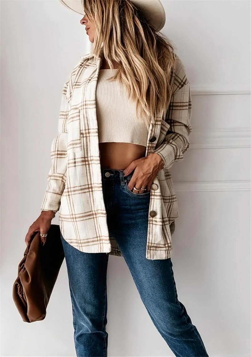 BOFETA Womens Flannel Plaid Button Down Shirt Long Sleeve Lapel Shacket Casual Loose Blouse Jacket Coat