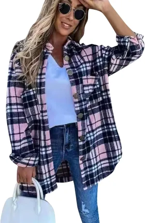 BOFETA Womens Flannel Plaid Button Down Shirt Long Sleeve Lapel Shacket Casual Loose Blouse Jacket Coat