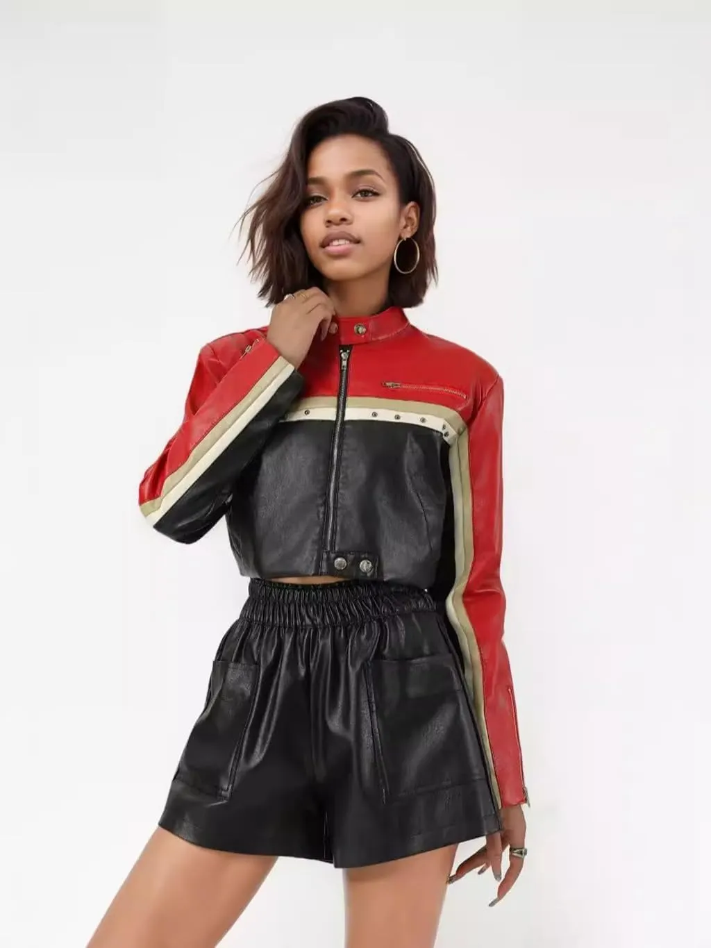 Bomber Jacket Women Cropped Leather Red Zip Up Long Sleeve Motorcycle Jacket Women Lightweight 2024