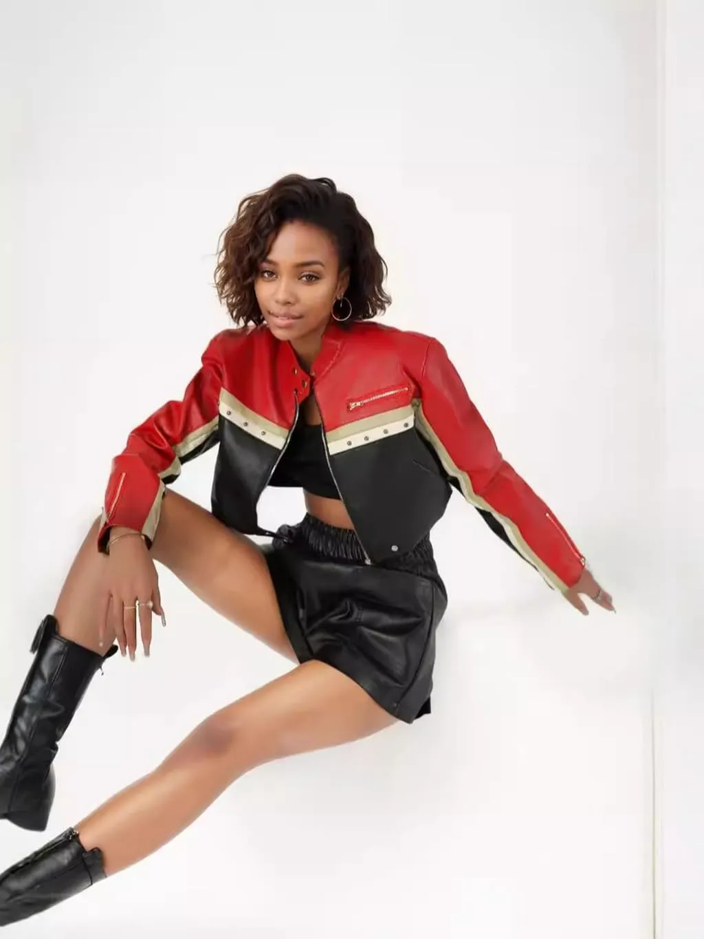 Bomber Jacket Women Cropped Leather Red Zip Up Long Sleeve Motorcycle Jacket Women Lightweight 2024