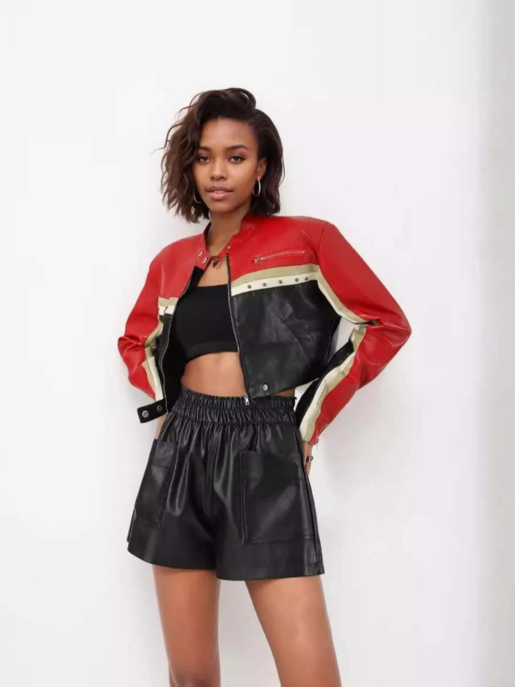 Bomber Jacket Women Cropped Leather Red Zip Up Long Sleeve Motorcycle Jacket Women Lightweight 2024