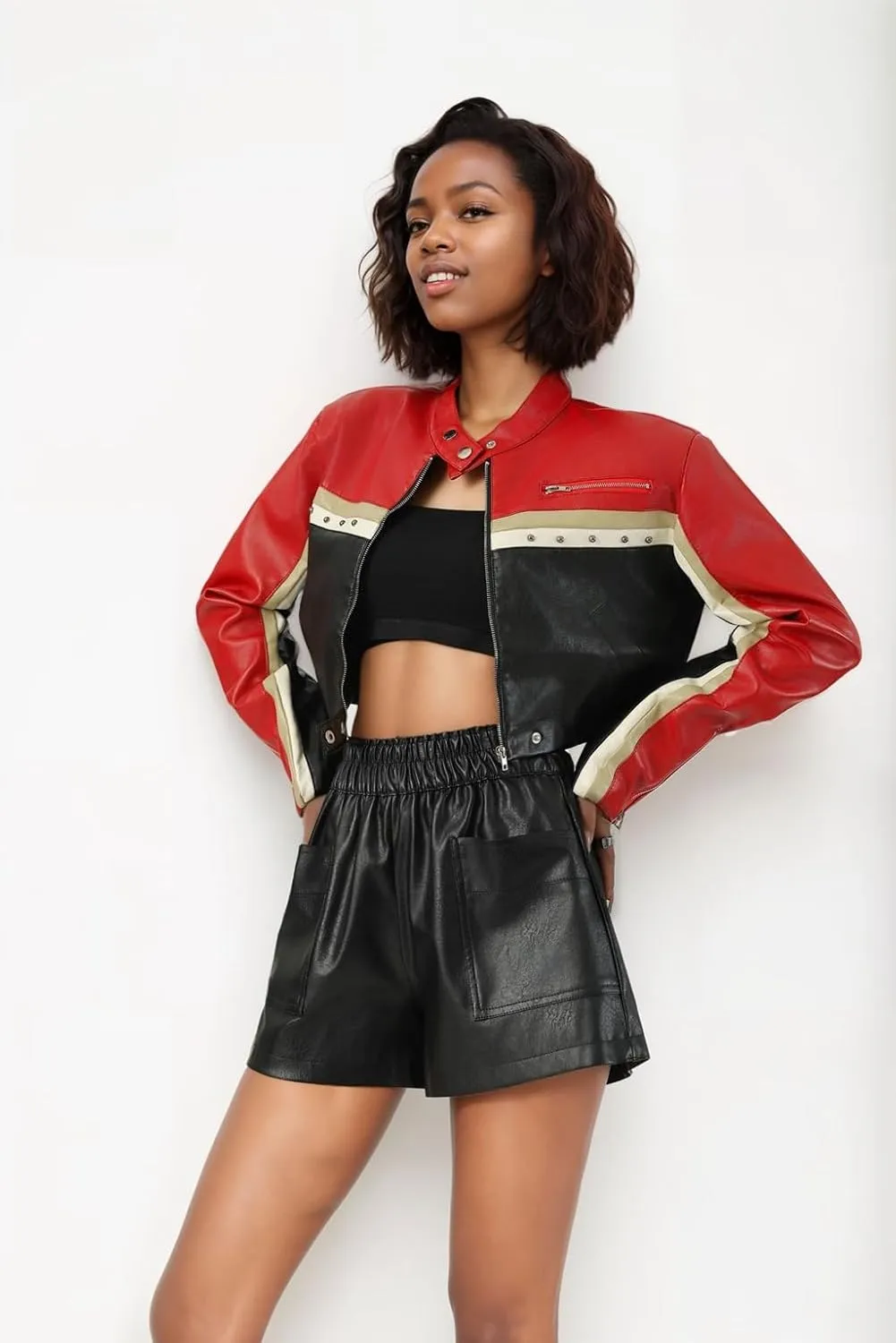 Bomber Jacket Women Cropped Leather Red Zip Up Long Sleeve Motorcycle Jacket Women Lightweight 2024