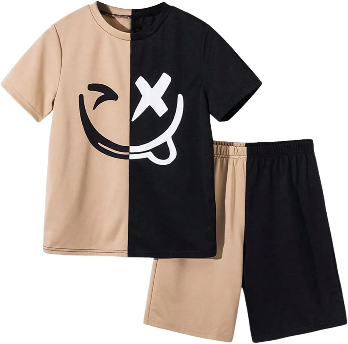 Boy's 2 Piece Summer Outfits Color Block Graphic Tees and Shorts Sets Steetwear Tracksuits