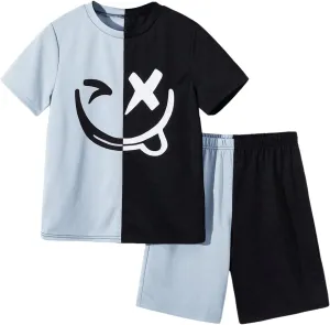 Boy's 2 Piece Summer Outfits Color Block Graphic Tees and Shorts Sets Steetwear Tracksuits