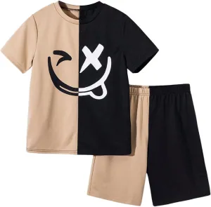 Boy's 2 Piece Summer Outfits Color Block Graphic Tees and Shorts Sets Steetwear Tracksuits