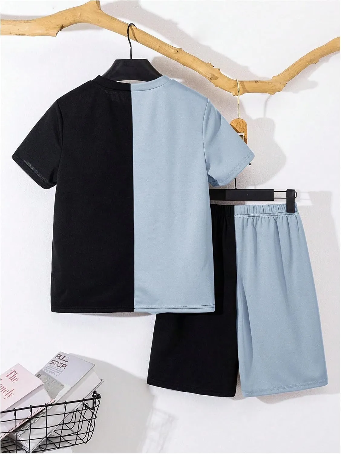 Boy's 2 Piece Summer Outfits Color Block Graphic Tees and Shorts Sets Steetwear Tracksuits