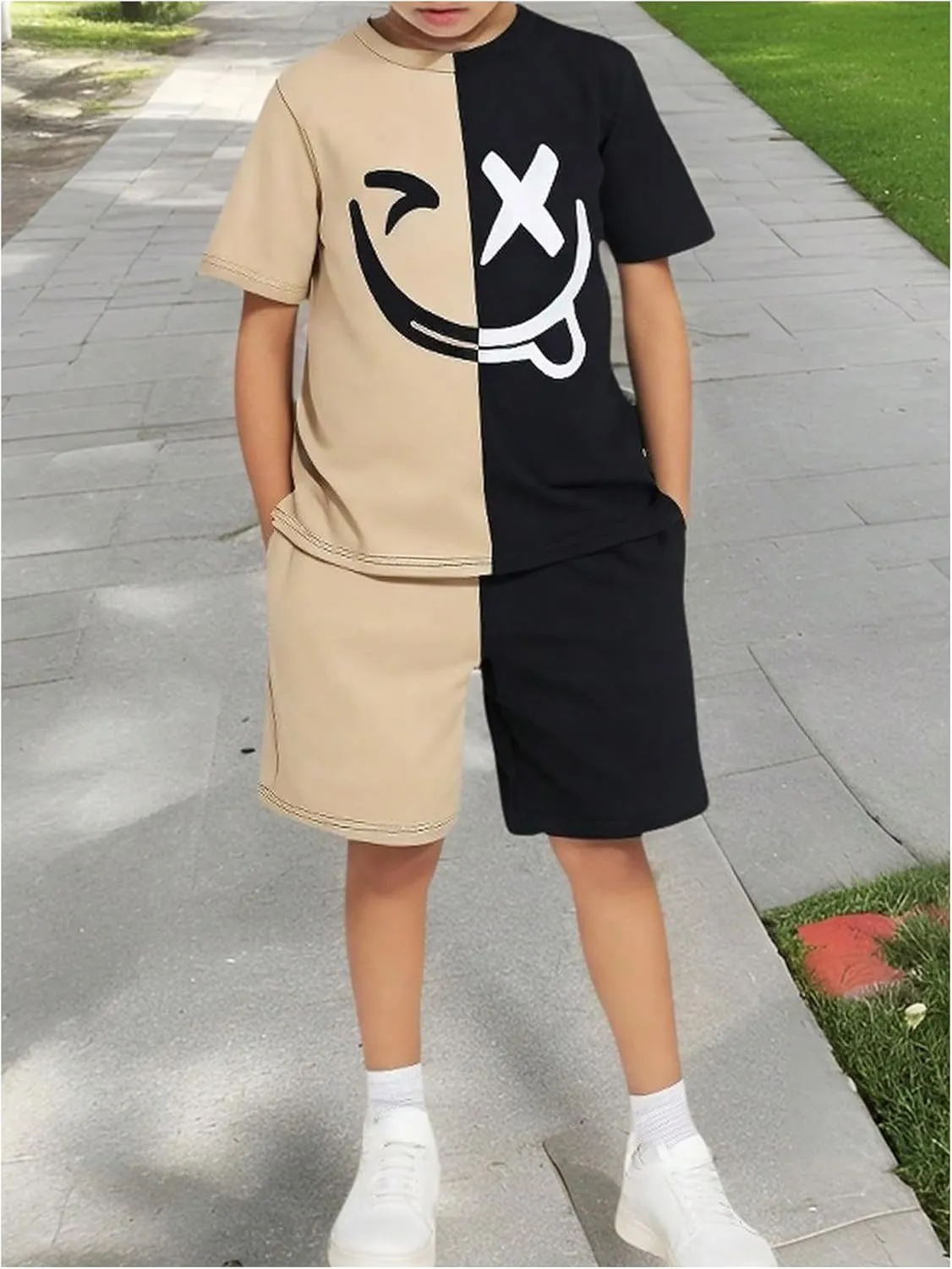 Boy's 2 Piece Summer Outfits Color Block Graphic Tees and Shorts Sets Steetwear Tracksuits