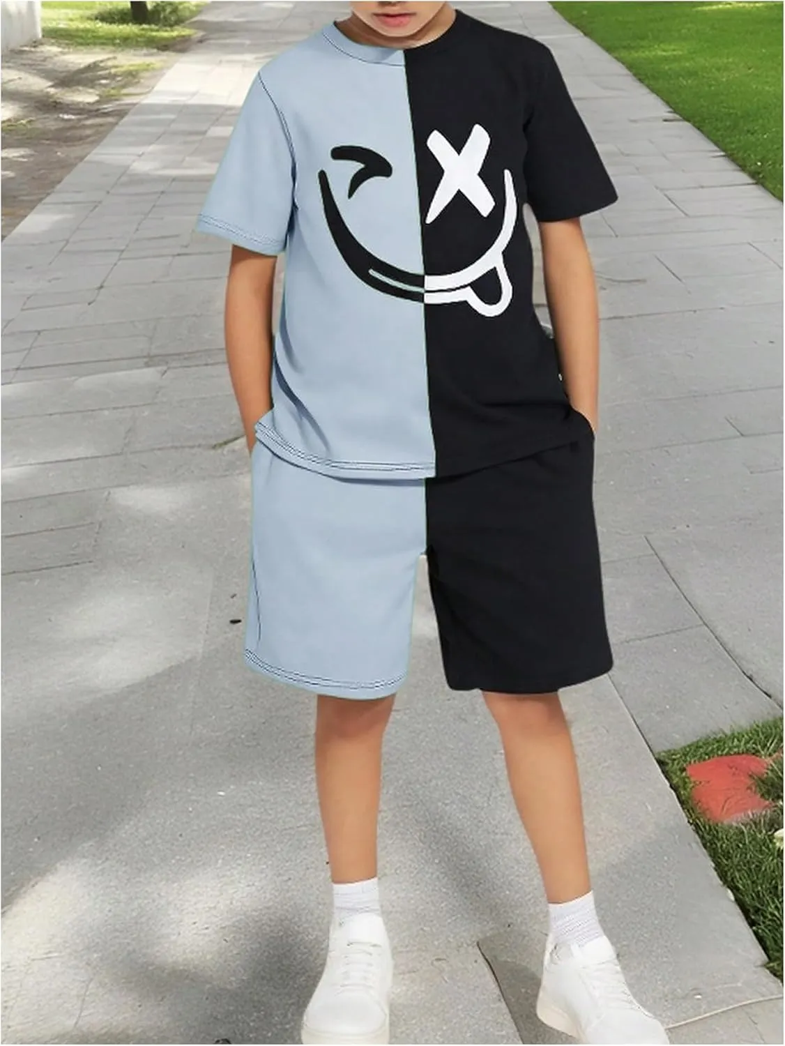 Boy's 2 Piece Summer Outfits Color Block Graphic Tees and Shorts Sets Steetwear Tracksuits